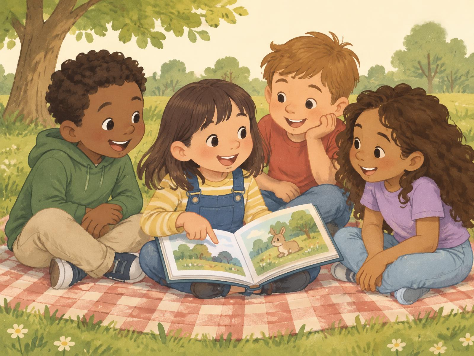 Children from different backgrounds sitting together on a picnic blanket, sharing a picture book.